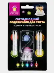 Цифра-подсвечник "2" светодиодная, ЗОЛОТАЯ СКАЗКА, в наборе 4 свечи 6 см, 1 батарейка