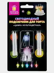 Цифра-подсвечник "4" светодиодная, ЗОЛОТАЯ СКАЗКА, в наборе 4 свечи 6 см, 1 батарейка