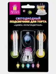 Цифра-подсвечник "9" светодиодная, ЗОЛОТАЯ СКАЗКА, в наборе 4 свечи 6 см, 1 батарейка