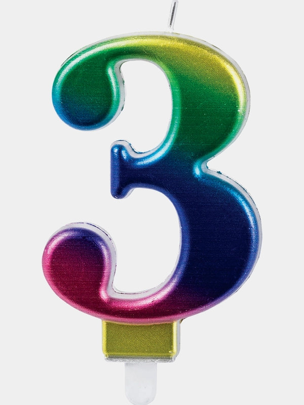 Свеча-цифра для торта "3" "Радужная", 9 см, ЗОЛОТАЯ СКАЗКА, с держателем, в блистере
