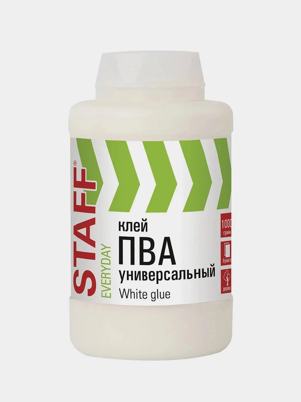 Клей ПВА универсальный 1 кг (бумага, картон, дерево), STAFF, 606431