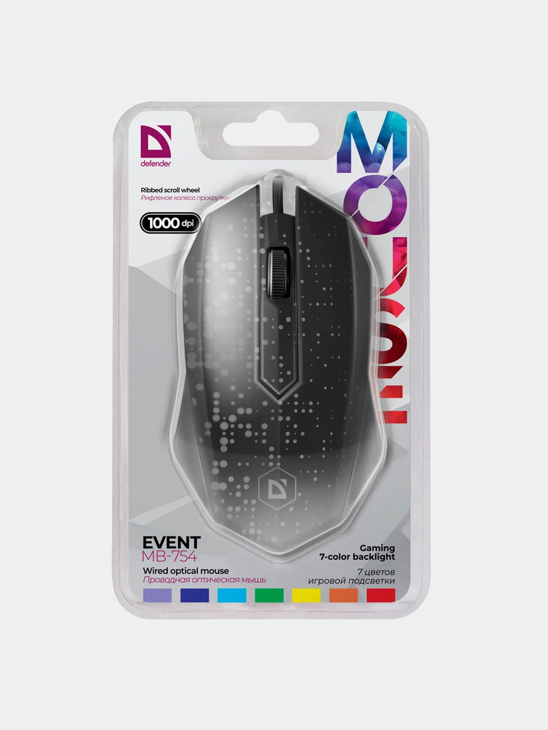 Черный игровая мышь Defender Event MB-754 7 цветов, 3 кнопки, 1000 dpi, черный
