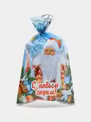 Голубой пакет новогодний фольгированный подарочный, 20 х 35 см, ленточка 30 см в комплекте/Пакет
