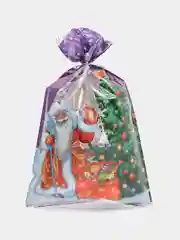 Фиолетовый пакет новогодний фольгированный подарочный, 25*40 см, с ленточками 30 см/Пакет без ручки