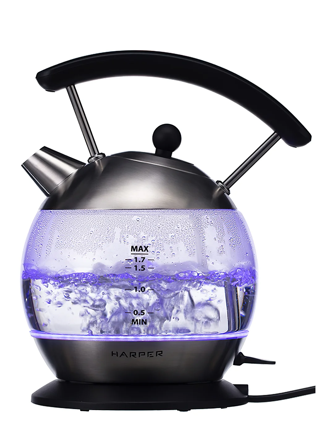 Серебряный чайник электрический Harper HWK-GM01 стеклянный, с подсветкой, защита от перегрева, 1,7л,
