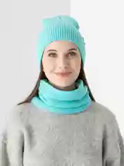 Бирюзовый женская шапка и снуд, вязаная, зимняя, с подкладкой, на флисе