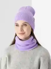 Сиреневый женская шапка и снуд, вязаная, зимняя, с подкладкой, на флисе