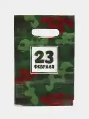 Зеленый пакет подарочный "23 февраля", полиэтиленовый с вырубной ручкой, 20 х 30 см, 30 мк