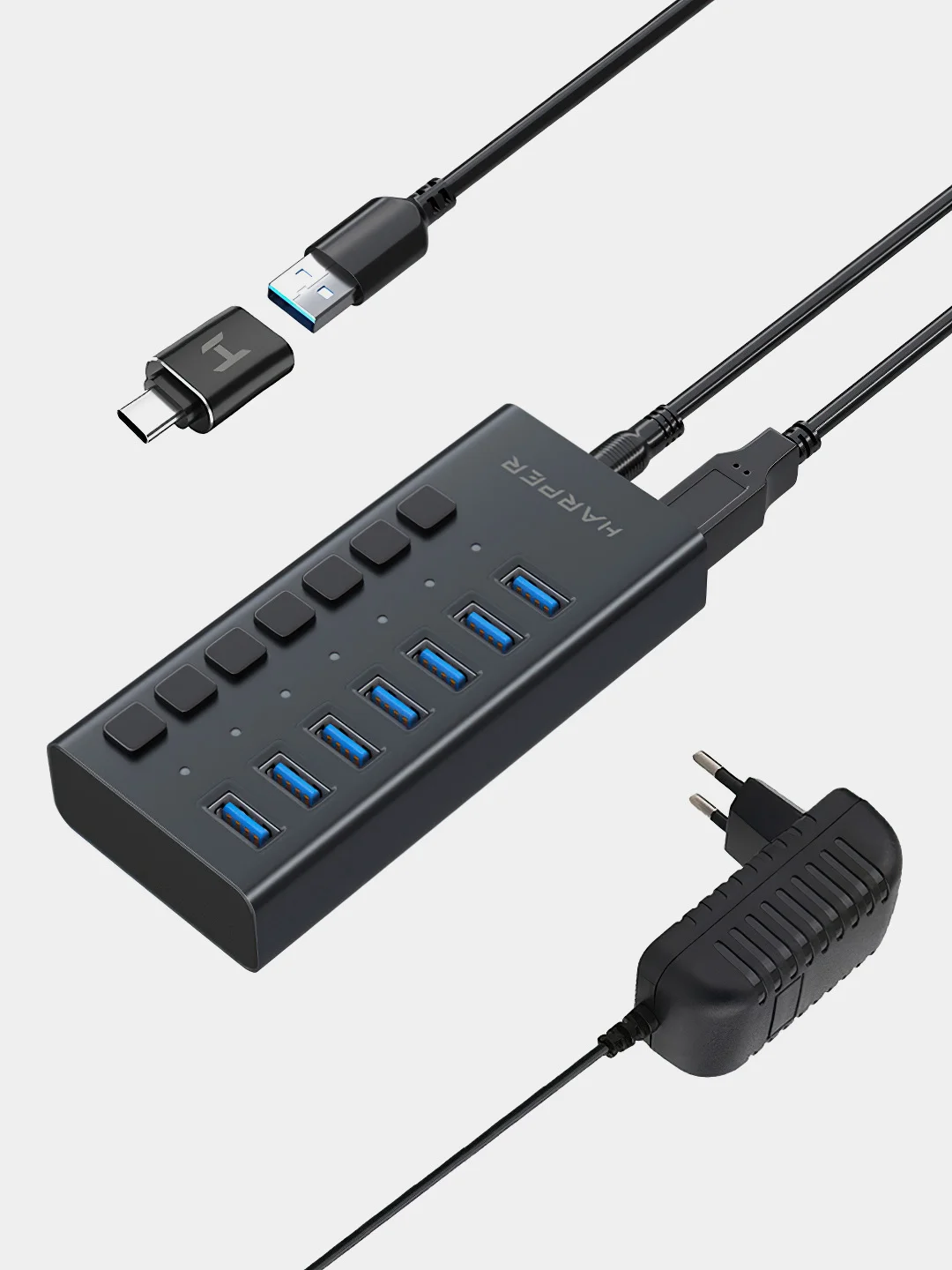 USB-концентратор HARPER HUB-07MB, USB 3.0, Type-A х 7, Black
