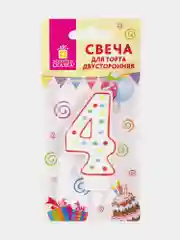 Свеча-цифра для торта "4" ДВУСТОРОННЯЯ с конфетти, 8,5 см, ЗОЛОТАЯ СКАЗКА, держатель