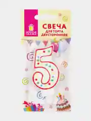 Свеча-цифра для торта "5" ДВУСТОРОННЯЯ с конфетти, 8,5 см, ЗОЛОТАЯ СКАЗКА, держатель