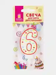 Свеча-цифра для торта "6" двусторонняя с конфетти, 8,5 см, ЗОЛОТАЯ СКАЗКА, держатель
