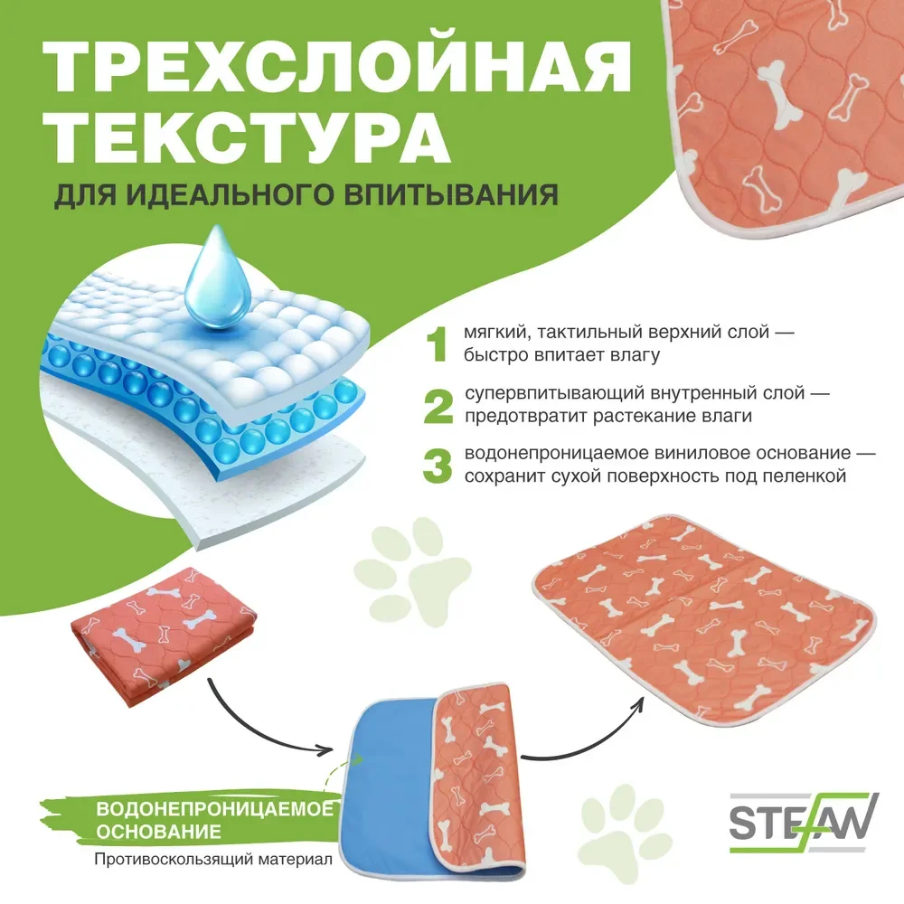 Оранжевый пеленка для животных впитывающая многоразовая STEFAN с принтом, 40*60 см, PT40605