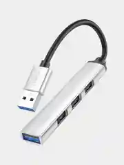 Серебряный usb-концентратор Hoco HB26, переходник 4 USB-порта, хаб разветвитель, адаптер