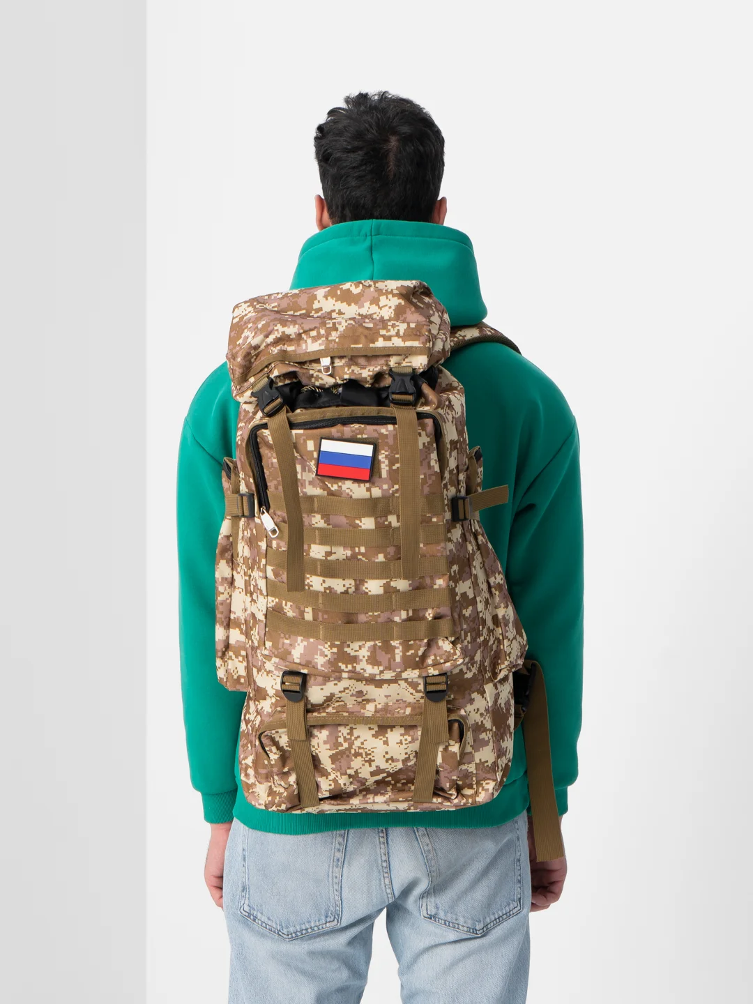 Хаки рюкзак туристический, тактический, с флагом РФ, 50 л