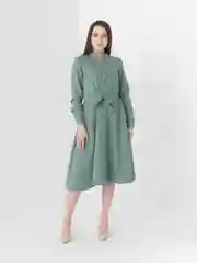 Зелёный хаки платье женское, с длинными рукавами и поясом
