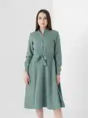 Зелёный хаки платье женское, с длинными рукавами и поясом