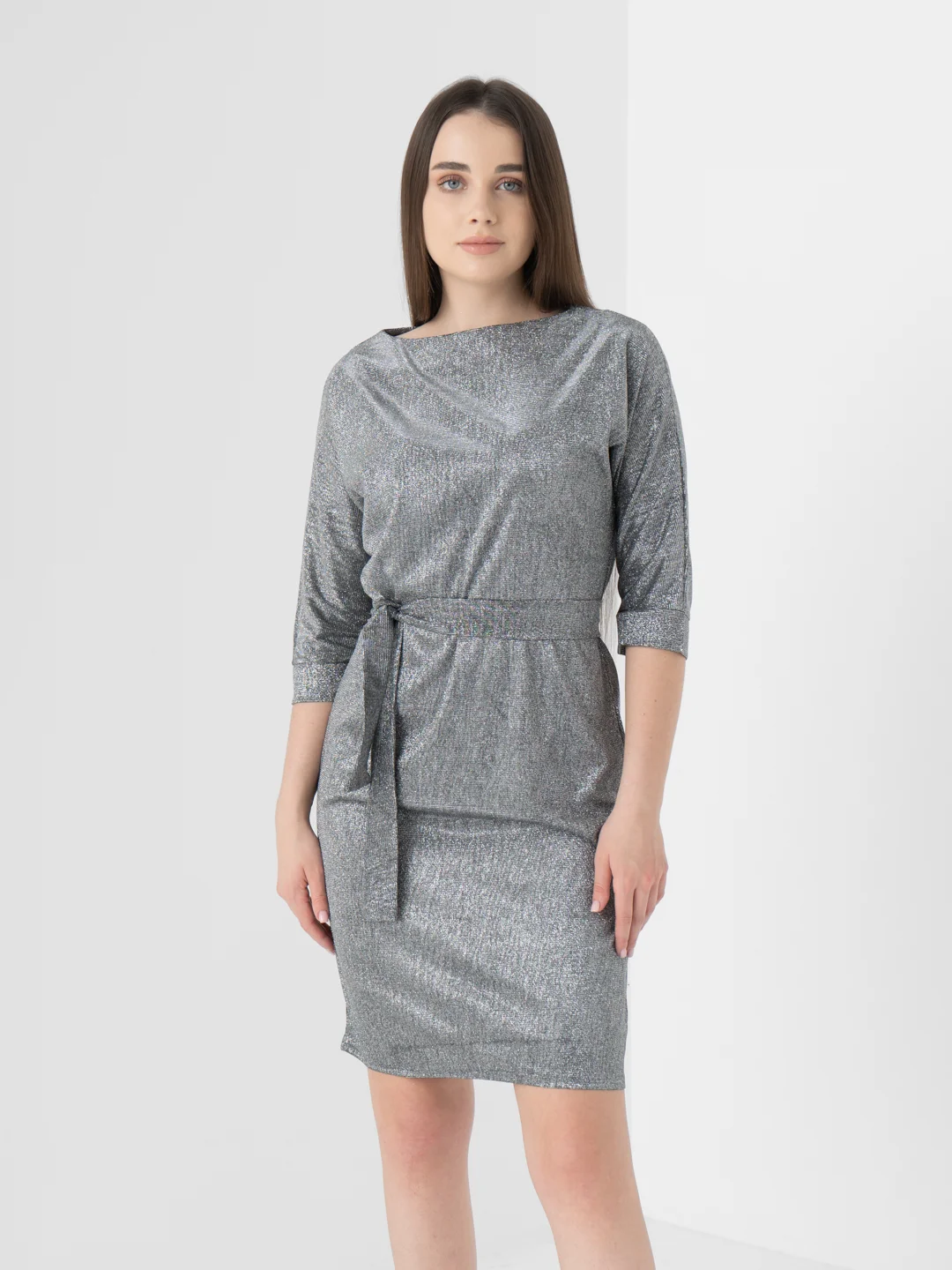 Серый платье женское вечернее, с люрексом, plus-size