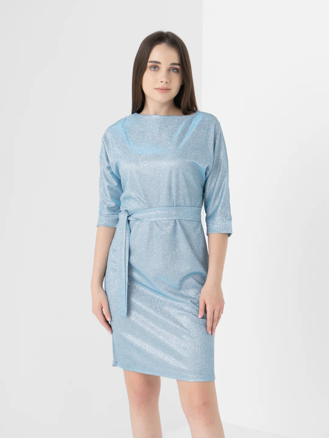 Голубой платье женское вечернее, с люрексом, plus-size