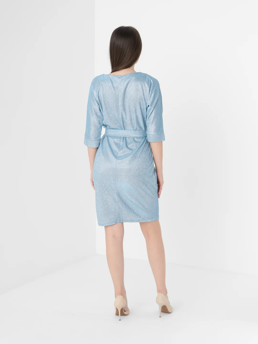 Голубой платье женское вечернее, с люрексом, plus-size