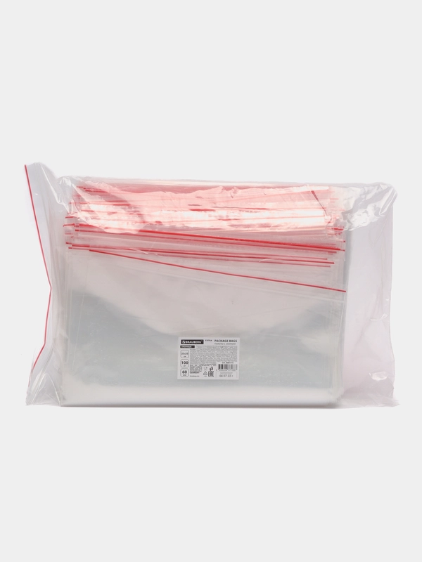 Пакеты ZIP LOCK "зиплок" ПРОЧНЫЕ, комплект 100 шт., 25х35 cм, ПВД, 60 мкм., BRAUBERG EXTRA