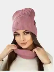 Пудровый женская шапка и снуд, вязаная, зимняя, с подкладкой, на флисе