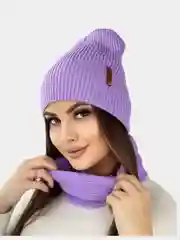 Сиреневый женская шапка и снуд, вязаная, зимняя, с подкладкой, на флисе