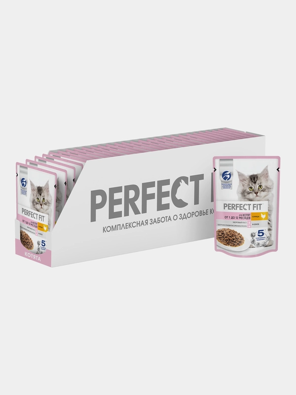 Влажный корм PERFECT FIT для котят от 1 до 12 месяцев, с курицей в ...