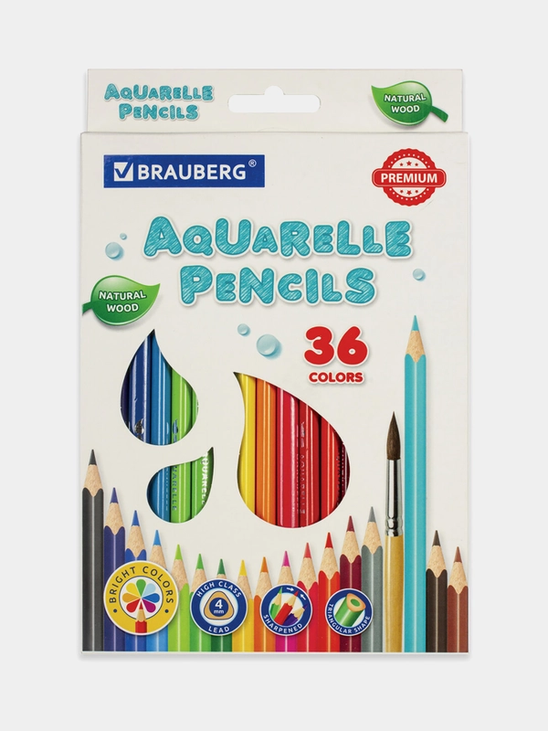 Карандаши акварельные цветные мягкие 36 ярких цветов, BRAUBERG PREMIUM, КОМПЛЕКТ, 880551