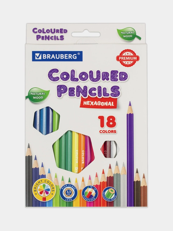 Карандаши цветные классические мягкие 18 ярких цветов, BRAUBERG PREMIUM, КОМПЛЕКТ, 880540