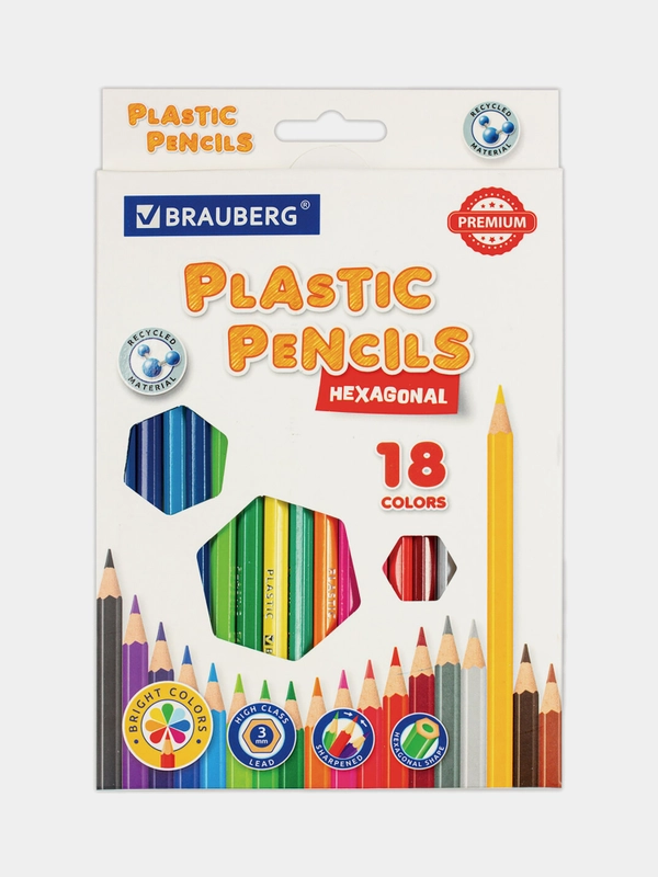 Карандаши цветные классические мягкие, 18 ярких цветов, BRAUBERG PREMIUM, КОМПЛЕКТ, 880546