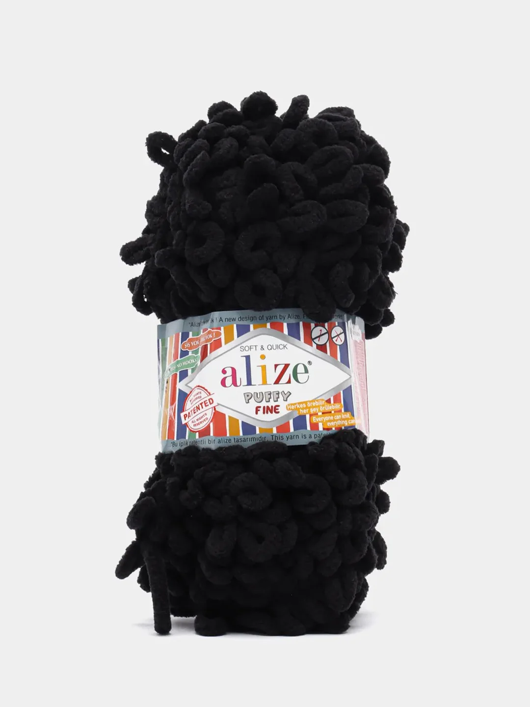 Черный пряжа Alize Puffy Fine, петельки маленькие, 100 г, 14 м