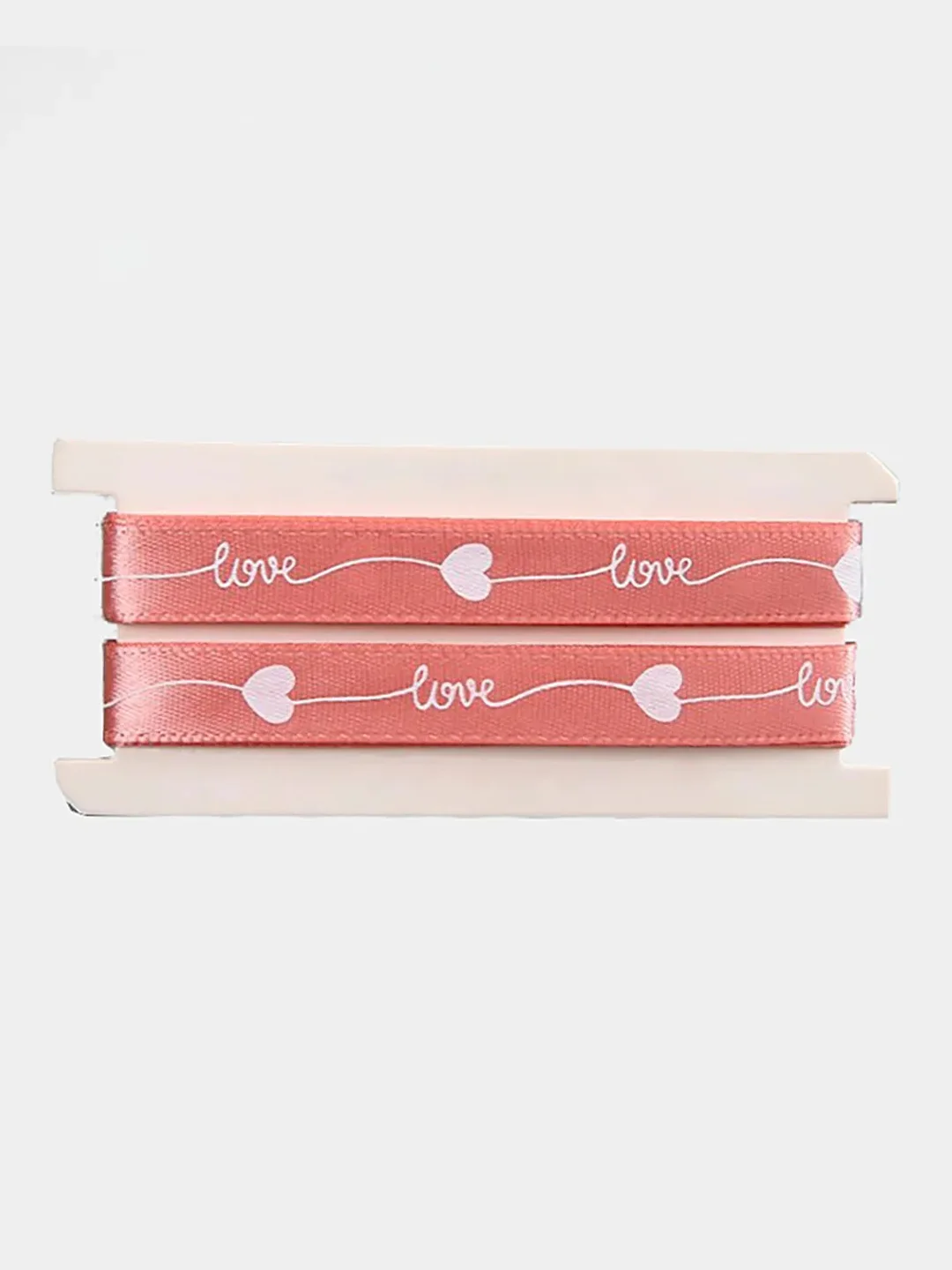 Коралловый меланж лента атласная с надписью "love" 10мм. х 2 м. 5 м