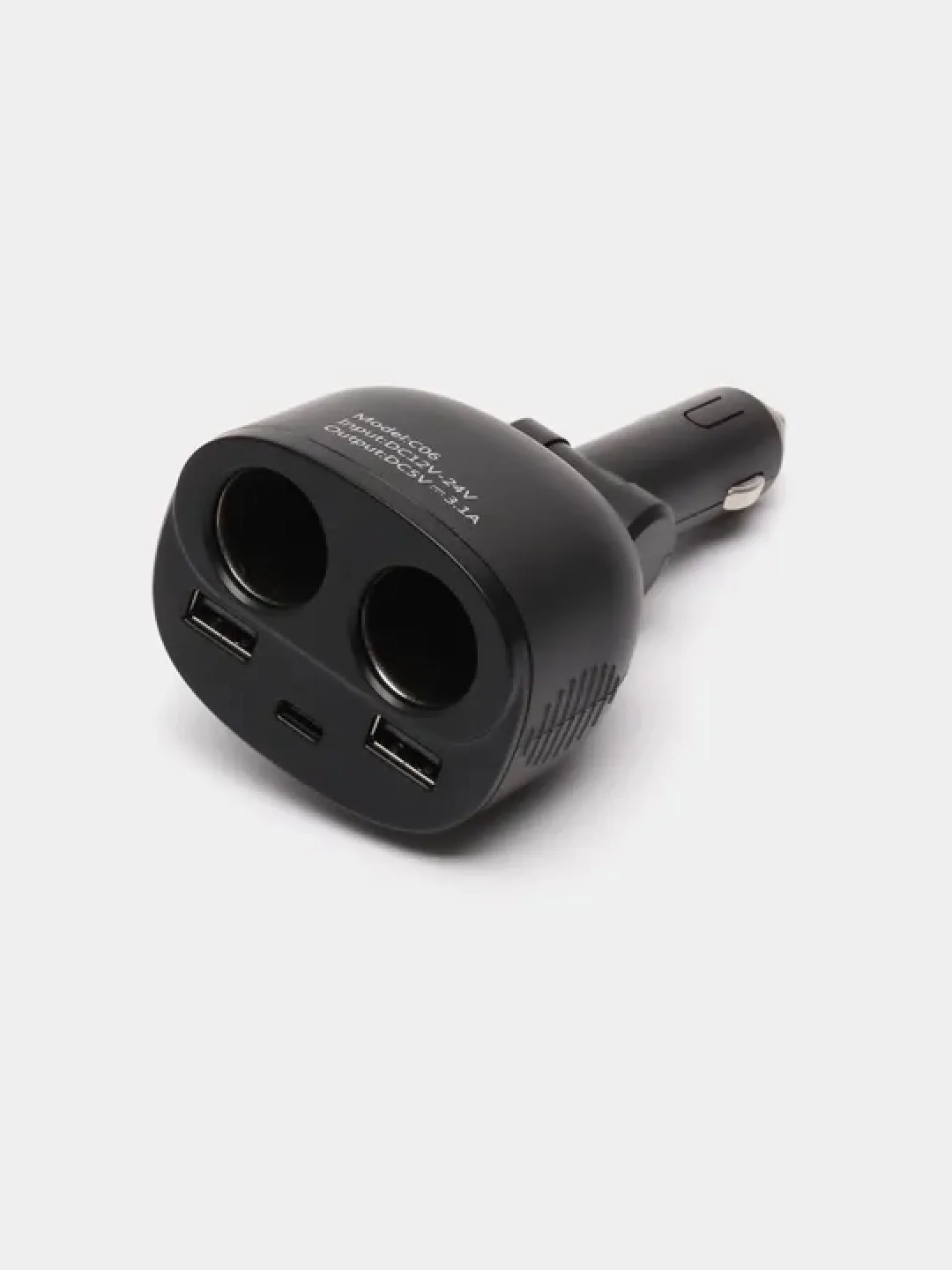 Черный разветвитель прикуривателя на 2 гнезда с 2 USB портами и USB Type-C