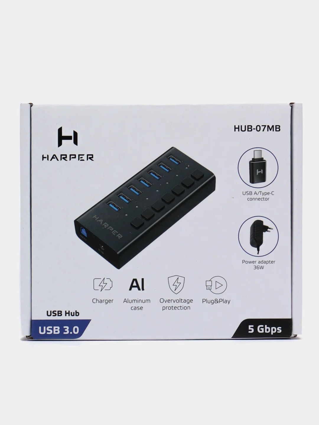 USB-концентратор HARPER HUB-07MB, USB 3.0, Type-A х 7, Black