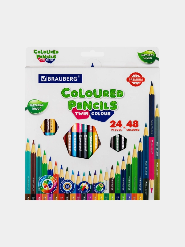 Карандаши цветные мягкие двусторонние BRAUBERG PREMIUM TWIN COLOUR 24 штуки, 48 цветов
