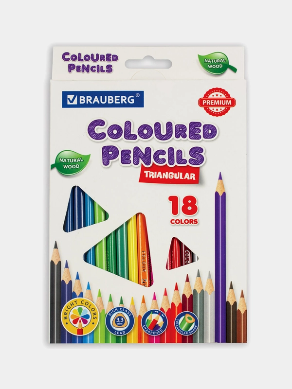 Карандаши цветные трехгранные мягкие, 18 ярких цветов, BRAUBERG PREMIUM, КОМПЛЕКТ, 880560