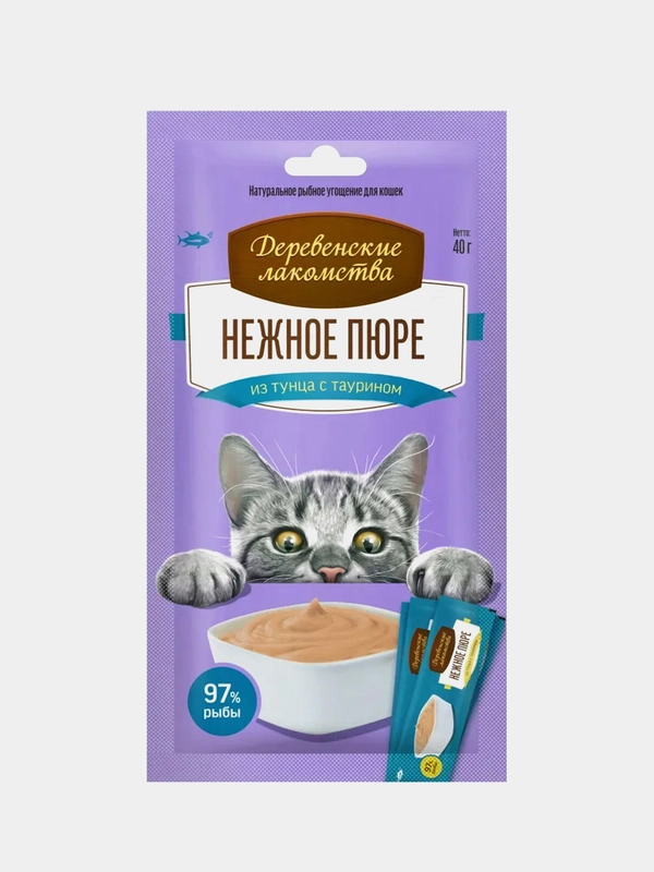Лакомство для кошек Деревенские Лакомства "Нежное пюре", из тунца, 4 стика по 10 г