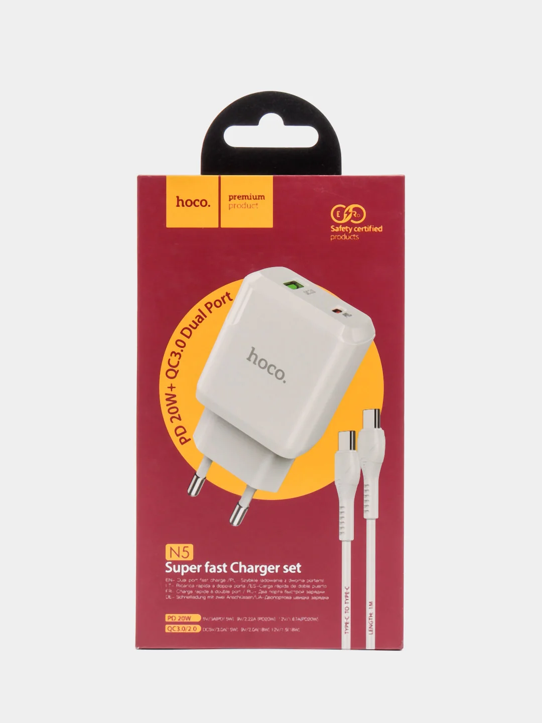 Белый сетевое зарядное устройство Hoco N5 + Type-C to Type-C Быстрая зарядка QC3.0 PD 20W