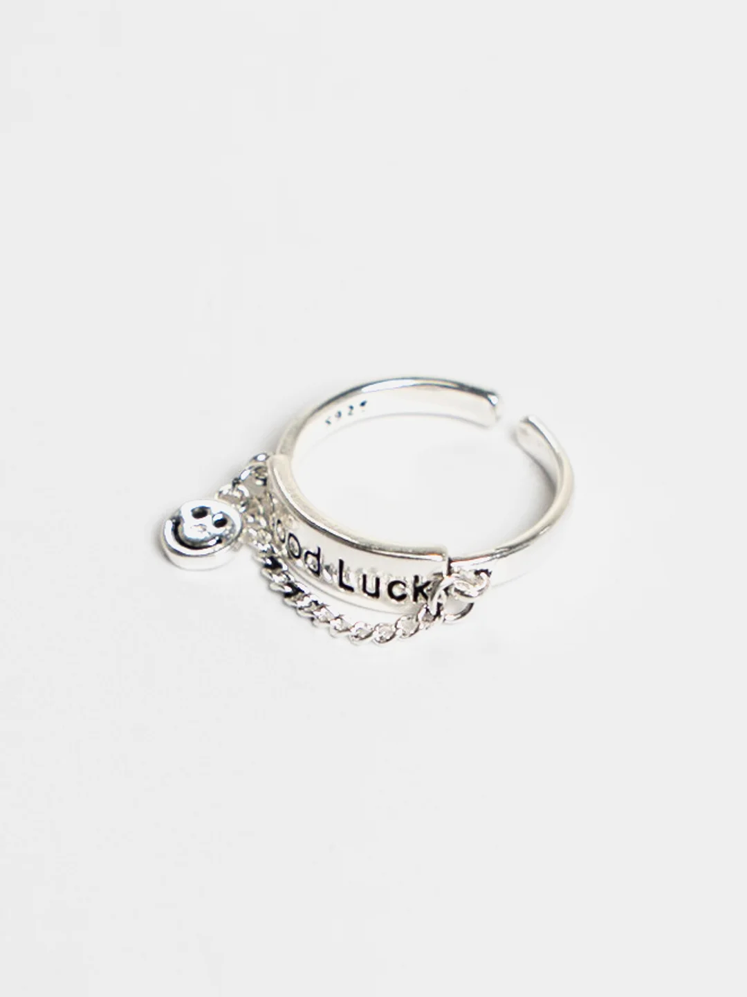 Серебряный кольцо "Good Luck", с цепочкой и смайликом, без размера