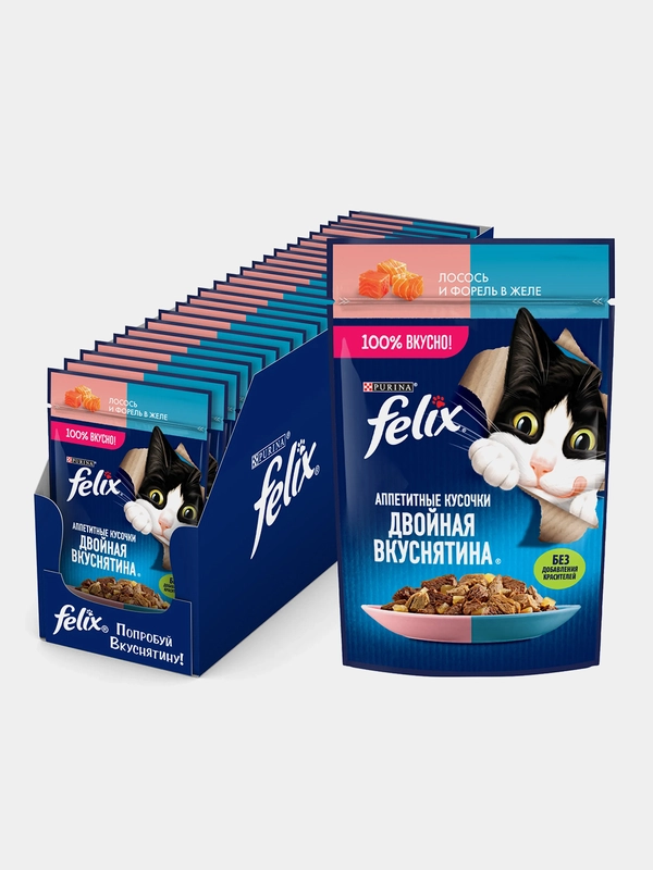 Влажный корм Felix Двойная вкуснятина для кошек, с лососем и форелью в желе, 26 шт по 75г