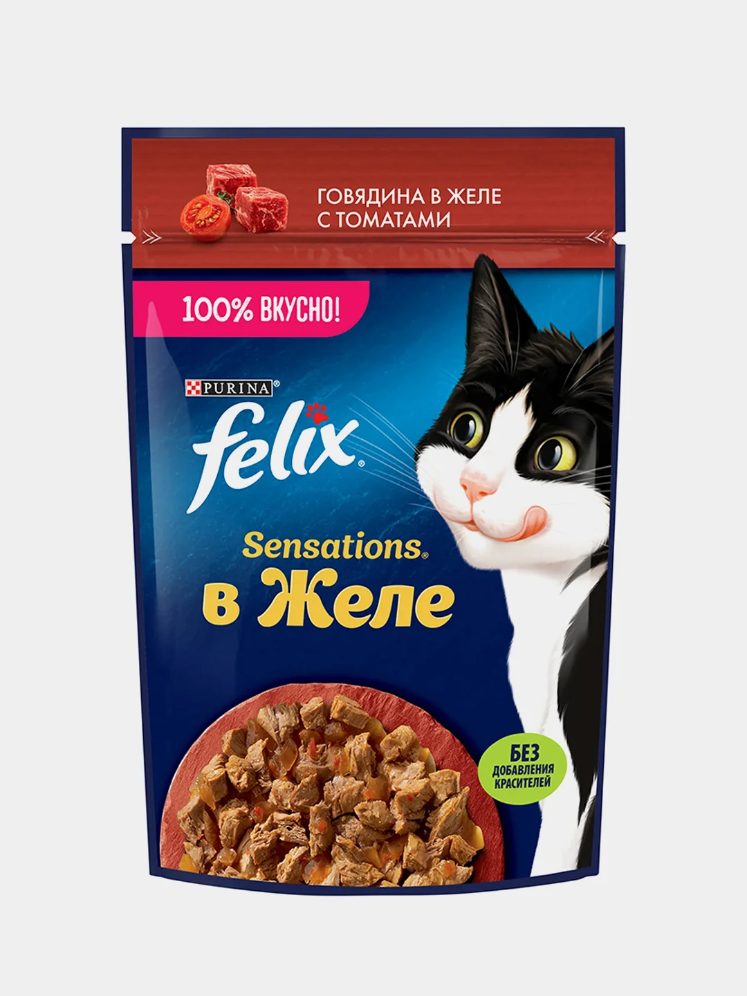 Влажный корм Felix Sensations для кошек, с говядиной в желе с томатами, 26 штук по 75 г