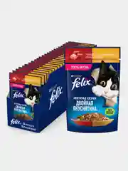 Влажный корм для кошек Felix "Двойная вкуснятина", с говядиной и птицей в желе, 26 х 75 г