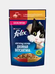 Влажный корм для кошек Felix "Двойная вкуснятина", с говядиной и птицей в желе, 26 х 75 г