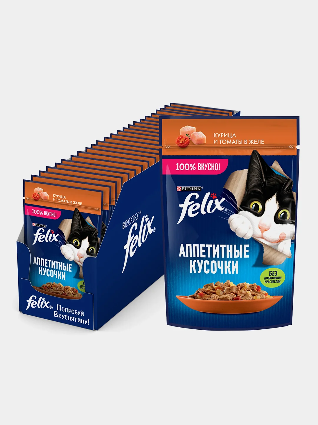 Влажный корм Felix "Аппетитные кусочки" для кошек, курица и томаты в желе, 26 штук по 75г