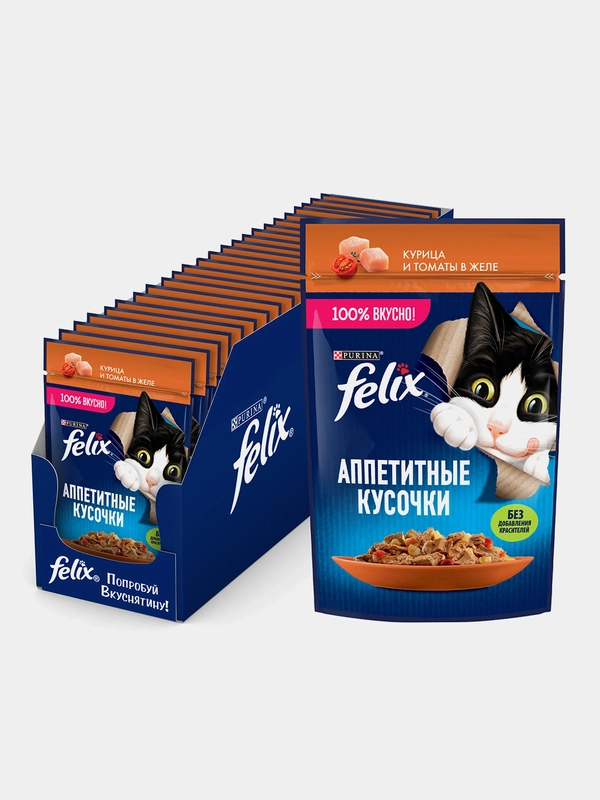 Влажный корм Felix "Аппетитные кусочки" для кошек, курица и томаты в желе, 26 штук по 75г