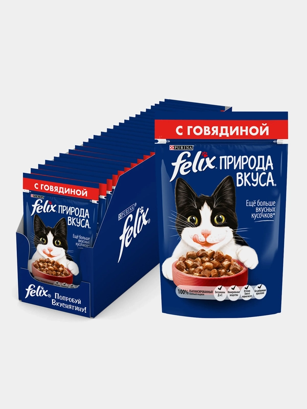 Влажный корм Felix "Природа вкуса", для кошек, с говядиной в соусе, 26 штук по 75 г