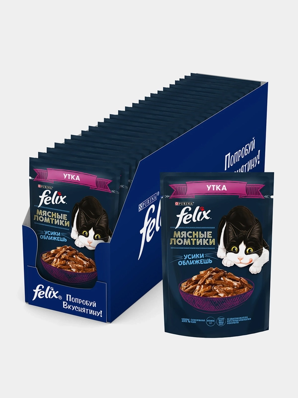 Влажный корм для кошек Felix "Мясные ломтики", кусочки в соусе с уткой, 26 штук по 75 г