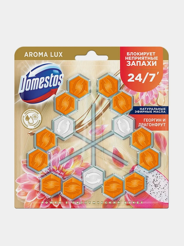 Блок для очищения унитаза Domestos Power 5 Георгин и Драгон Фрукт TRIO