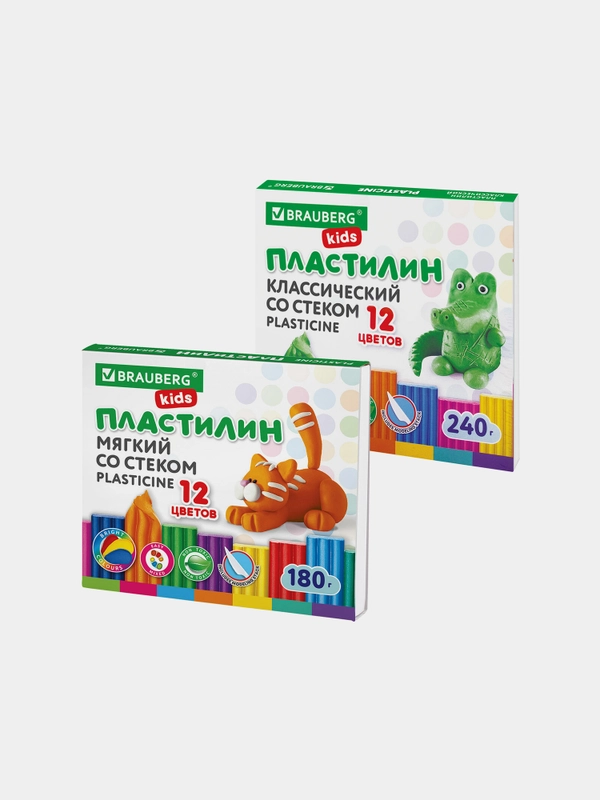 Пластилин Классический + мягкий ВЫГОДНАЯ УПАКОВКА, 2 набора по 12 цв., 420 г, BRAUBERG